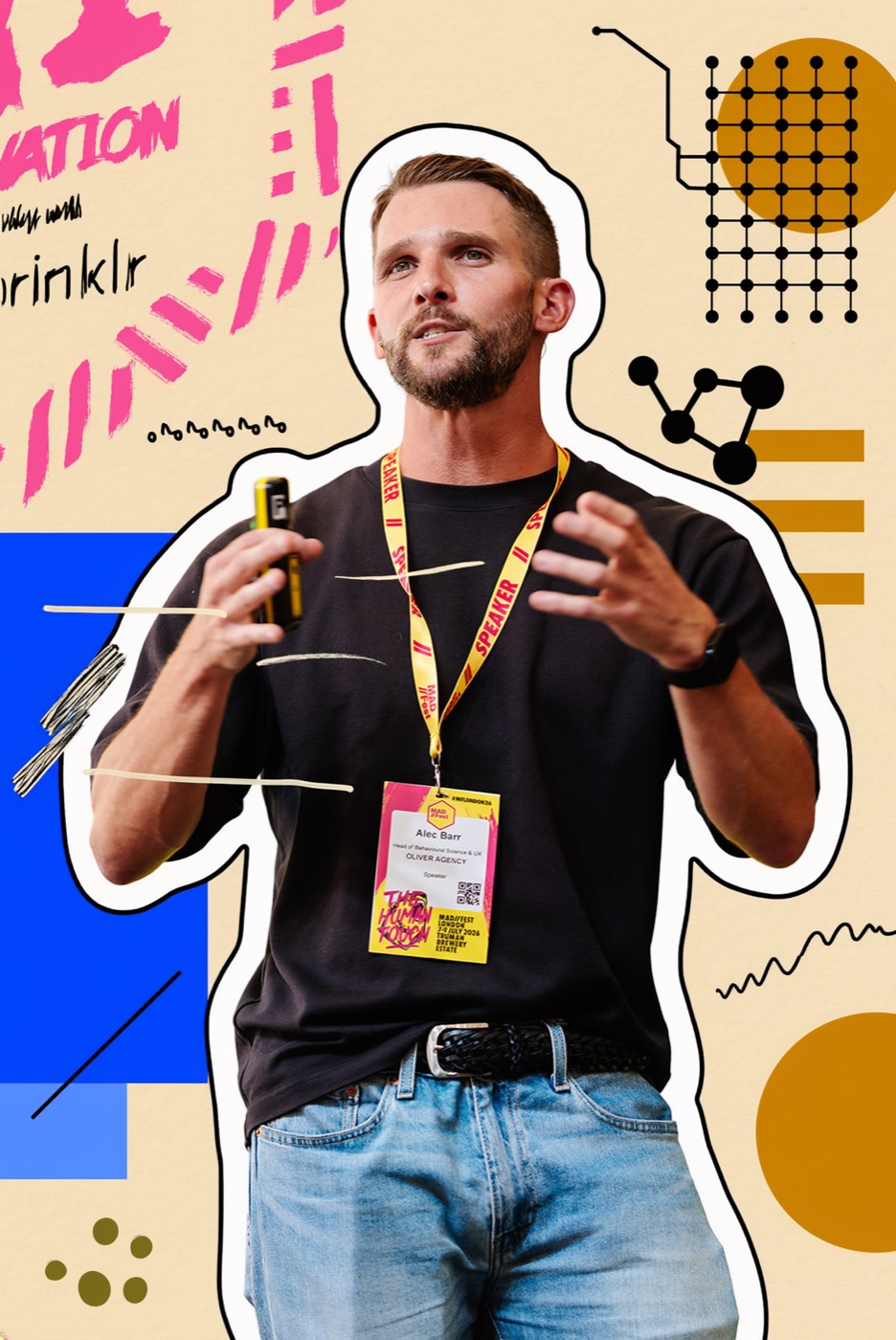 Alec Barr speaking on stage at MAD//Fest London 2026, wearing a speaker lanyard, in a cut-out collage with Memphis-style shapes